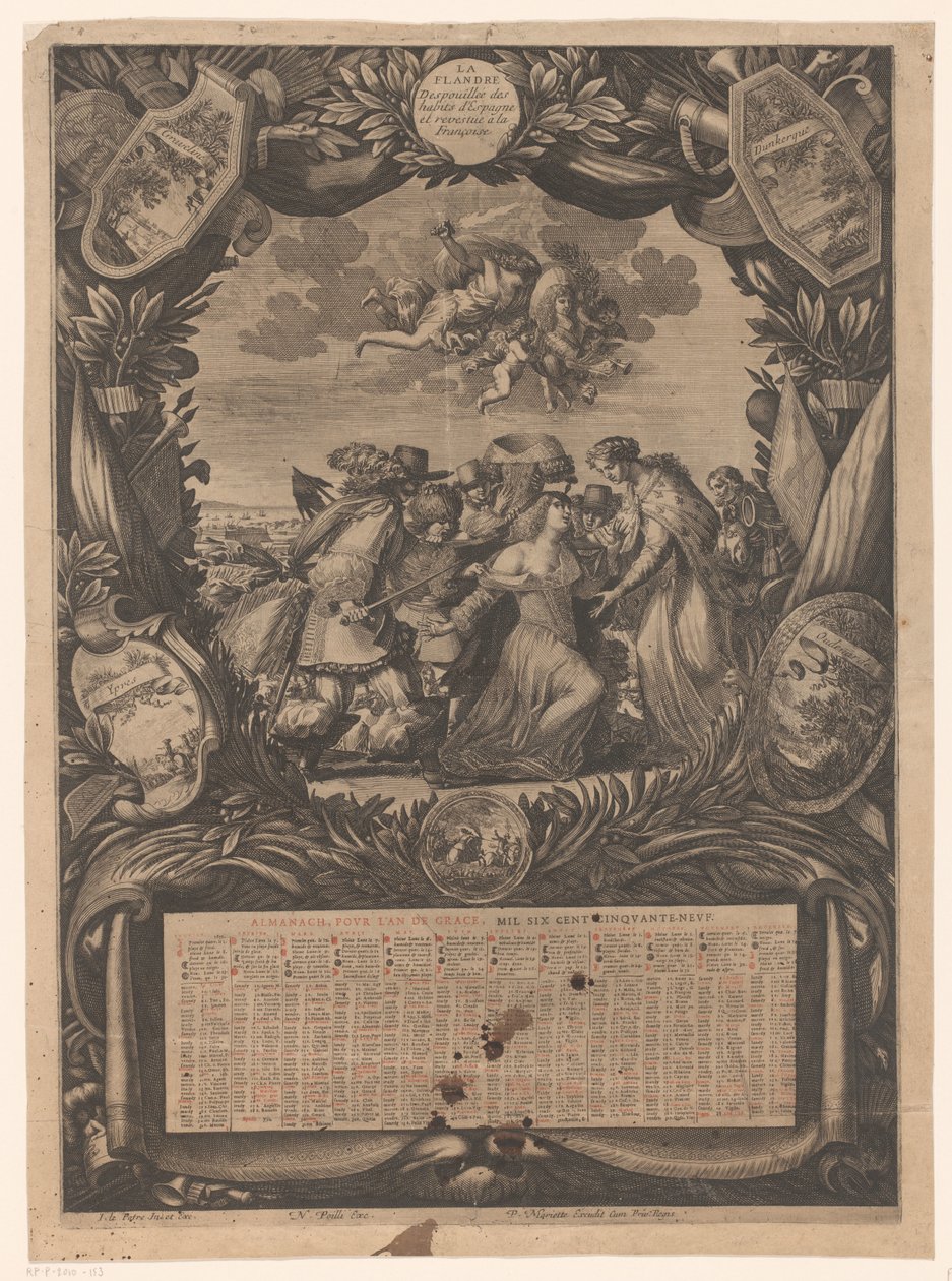 Kalendář na rok 1659: Alegorie na podrobení Flander Ludvíku XIV Kalendář na rok 1659: Alegorie kapitulace Flander Ludvíku XIV Almanachu, nalijte l