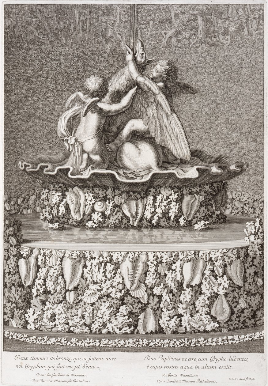 Fontána se dvěma amory hrajícími si s gryfonem, od Benoita Massou, ve Versailles, 1676 od Jean Lepautre