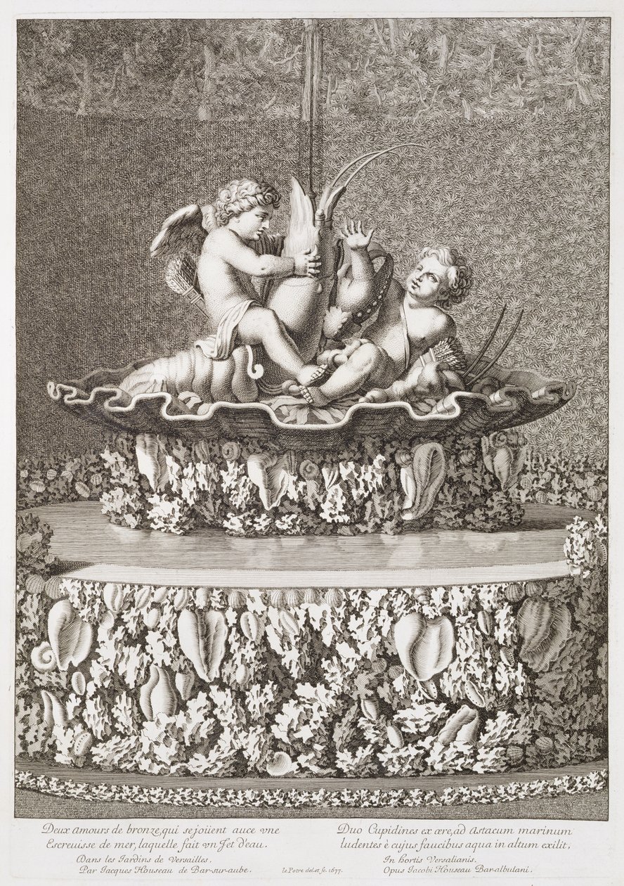 Fontána se dvěma amorky jedoucími na raku, navržená Jacquesem Houseauem, ve Versailles, 1677 od Jean Lepautre