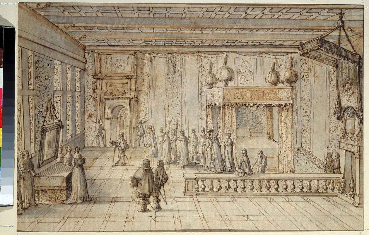 Ložnice krále Ludvíka XIV. (1638-1715) ve Versailles. Komnata krále Ludvíka XIV ve Versailles. Kresba Jean Le Pautre (1618-1682) od Jean Lepautre