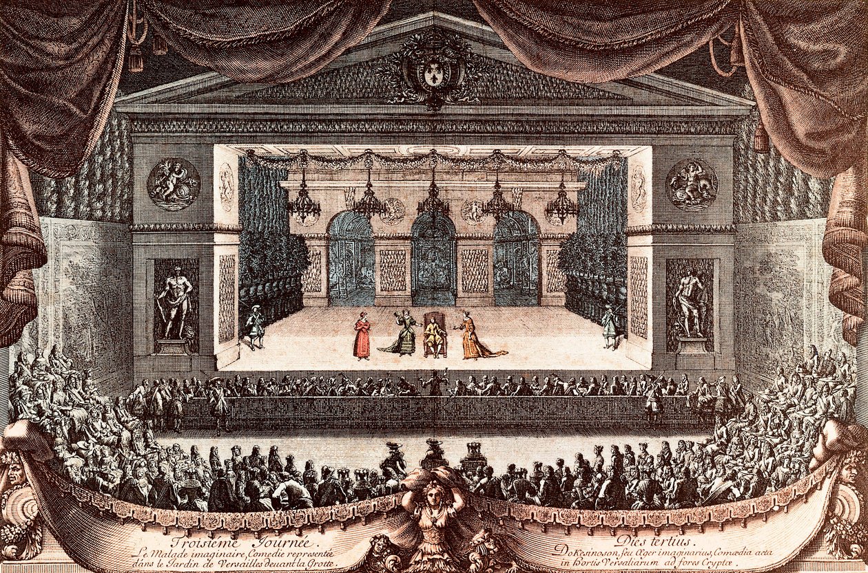"Imaginární invalida" od Jean Baptiste Poquelin dit Moliere ve Versailles (barevná rytina) od Jean Lepautre