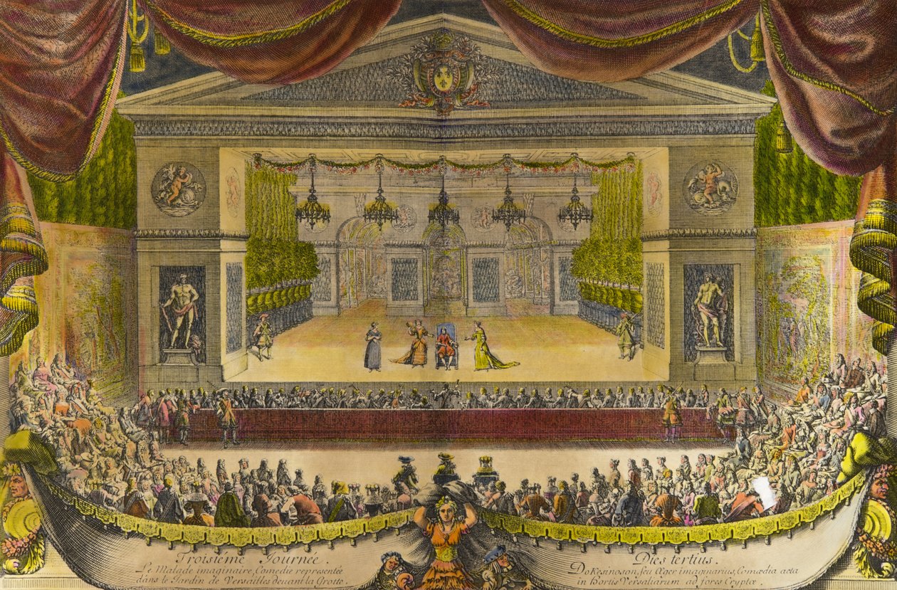 Reprezentace imaginárních nemocných ve Versailles Reprezentace hry Jeana Baptista Poquelin dit Moliere (1622-1673) před jeskyní Thetis (Thetys) v zahradách Versailles za přítomnosti krále Ludvíka XIV., místo uprostřed od Jean Lepautre