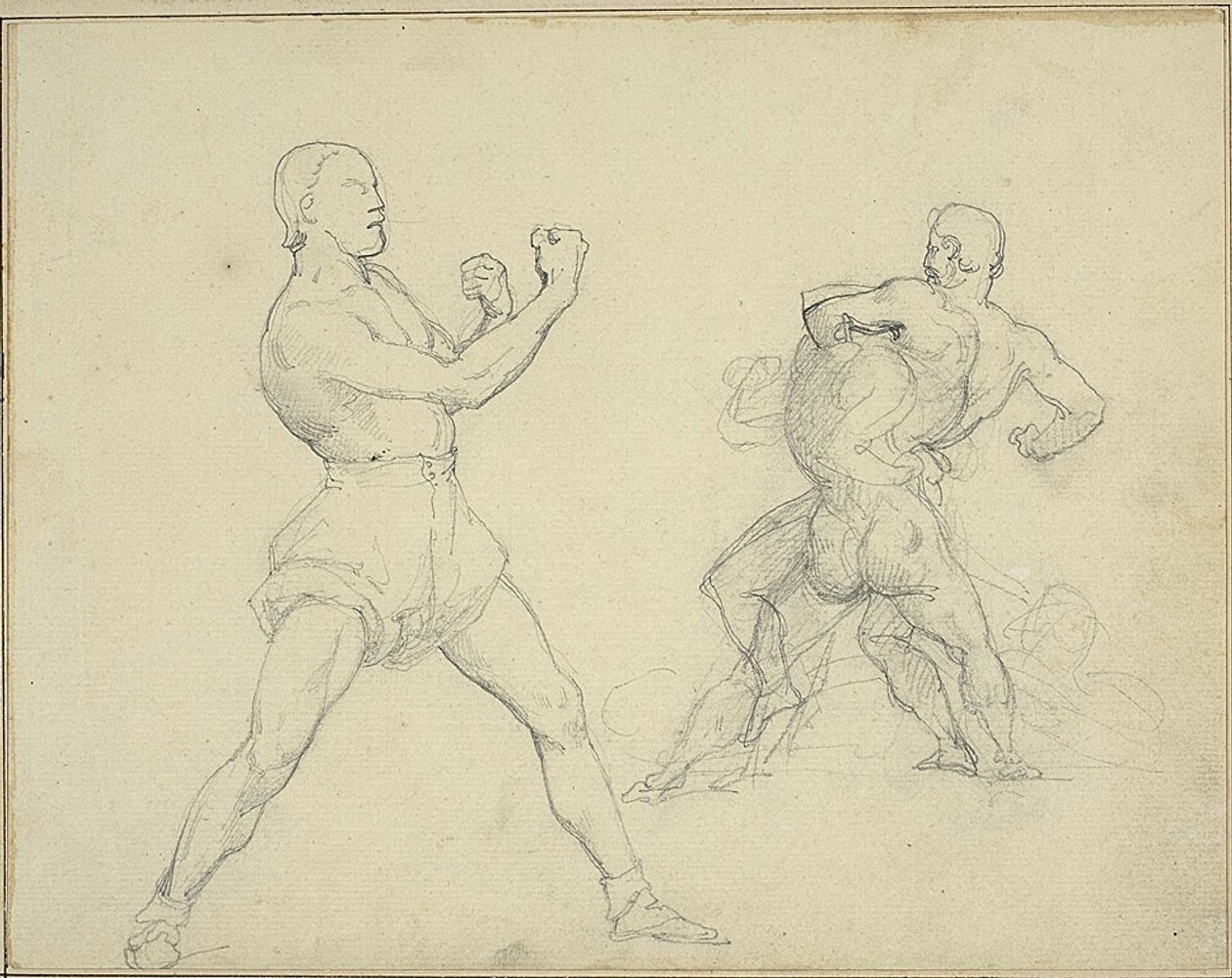 Boxer tváří vpravo a dva zápasící muži od Jean Louis André Théodore Géricault