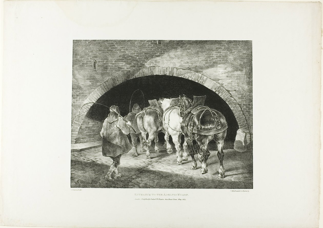 Vchod do přístaviště Adelphi, deska 11 z knihy Různé náměty kreslené ze života na kameni od Jean Louis André Théodore Géricault