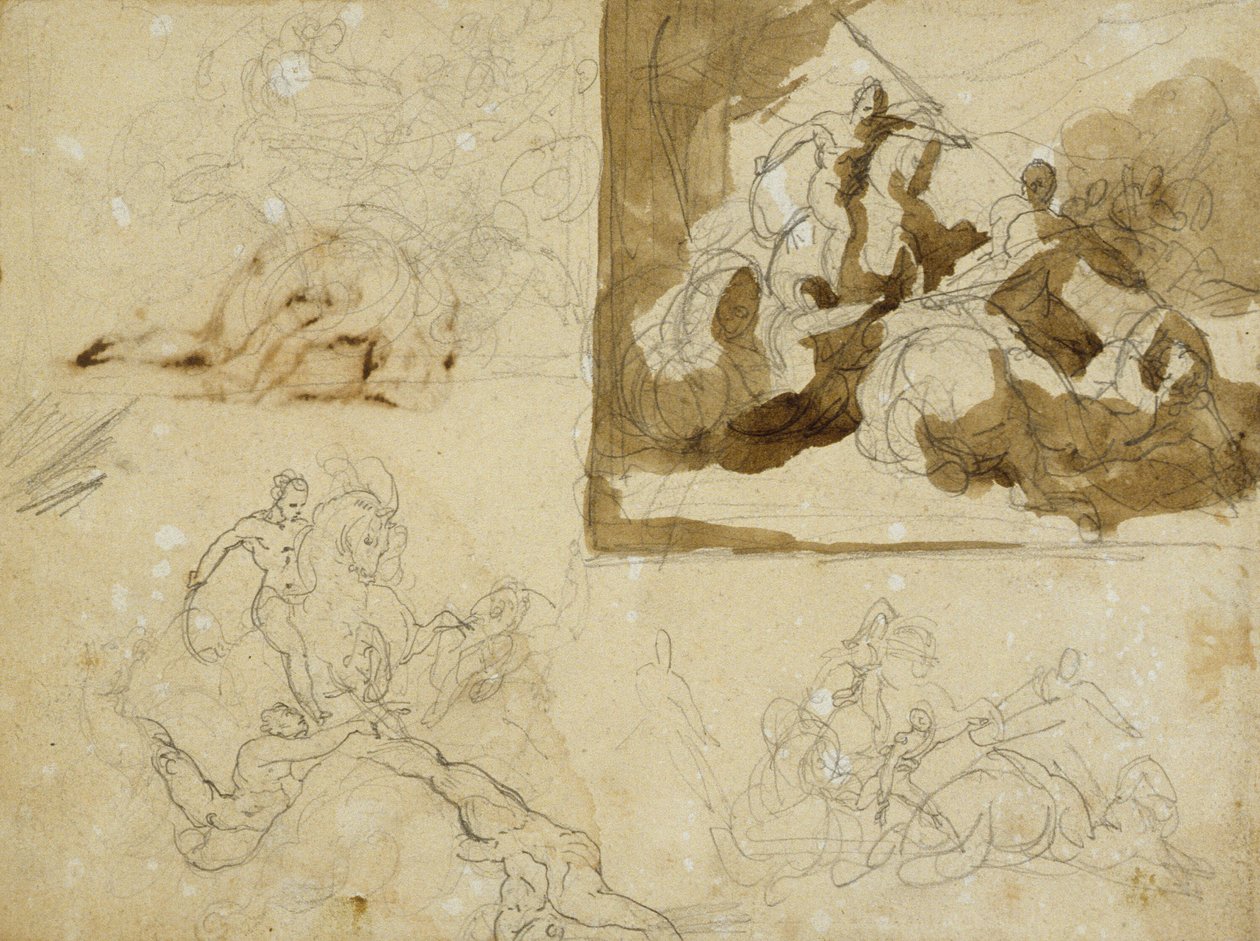 Čtyři náčrty pro jezdeckou bitvu od Jean Louis André Théodore Géricault