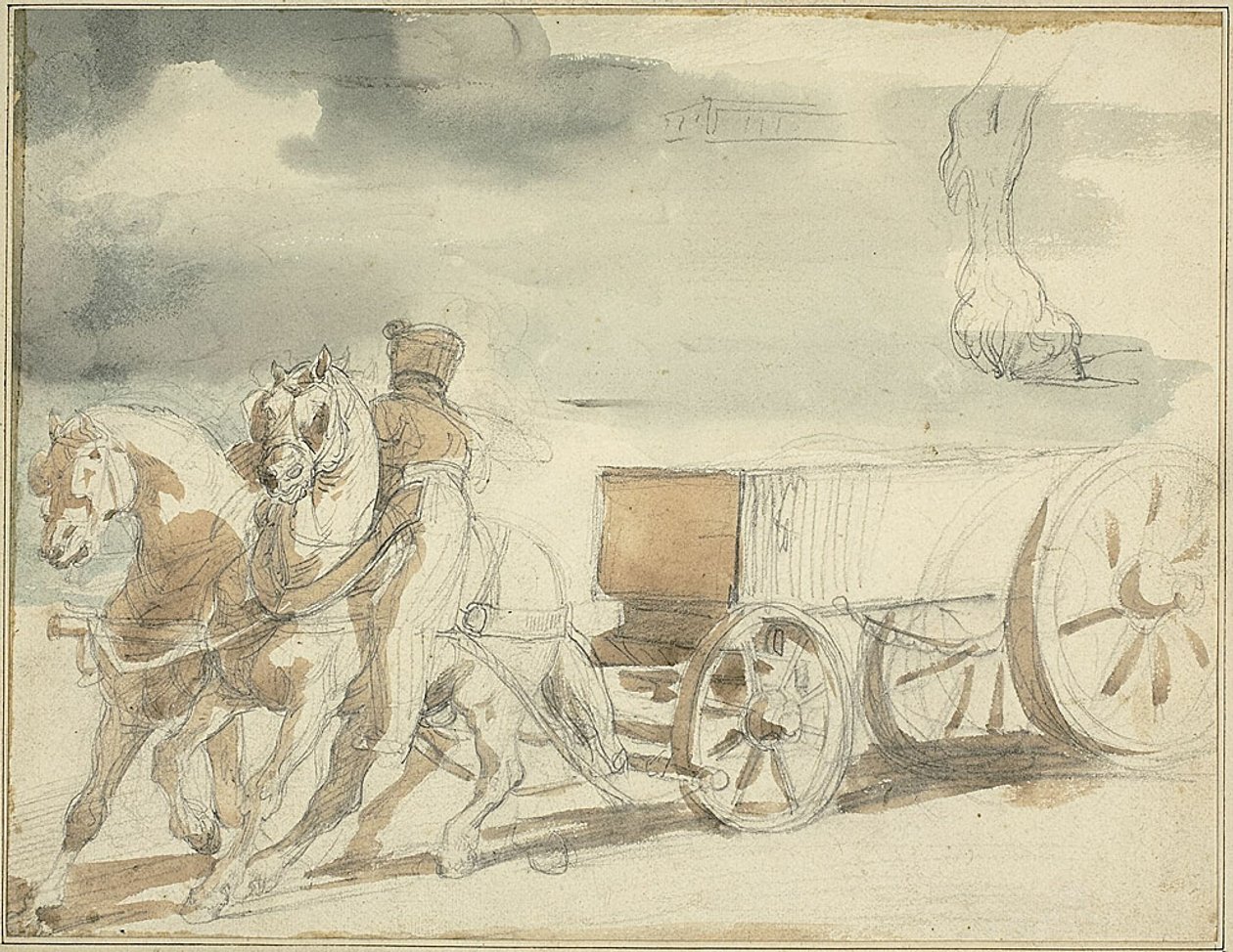 Muniční vůz tažený dvěma koňmi od Jean Louis André Théodore Géricault