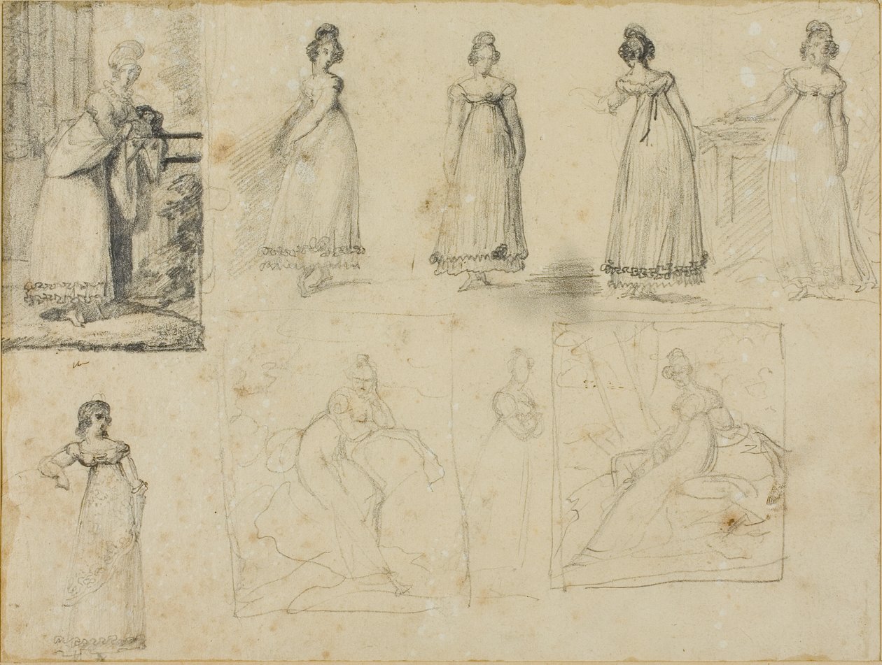 Devět skic mladé ženy v módních šatech od Jean Louis André Théodore Géricault
