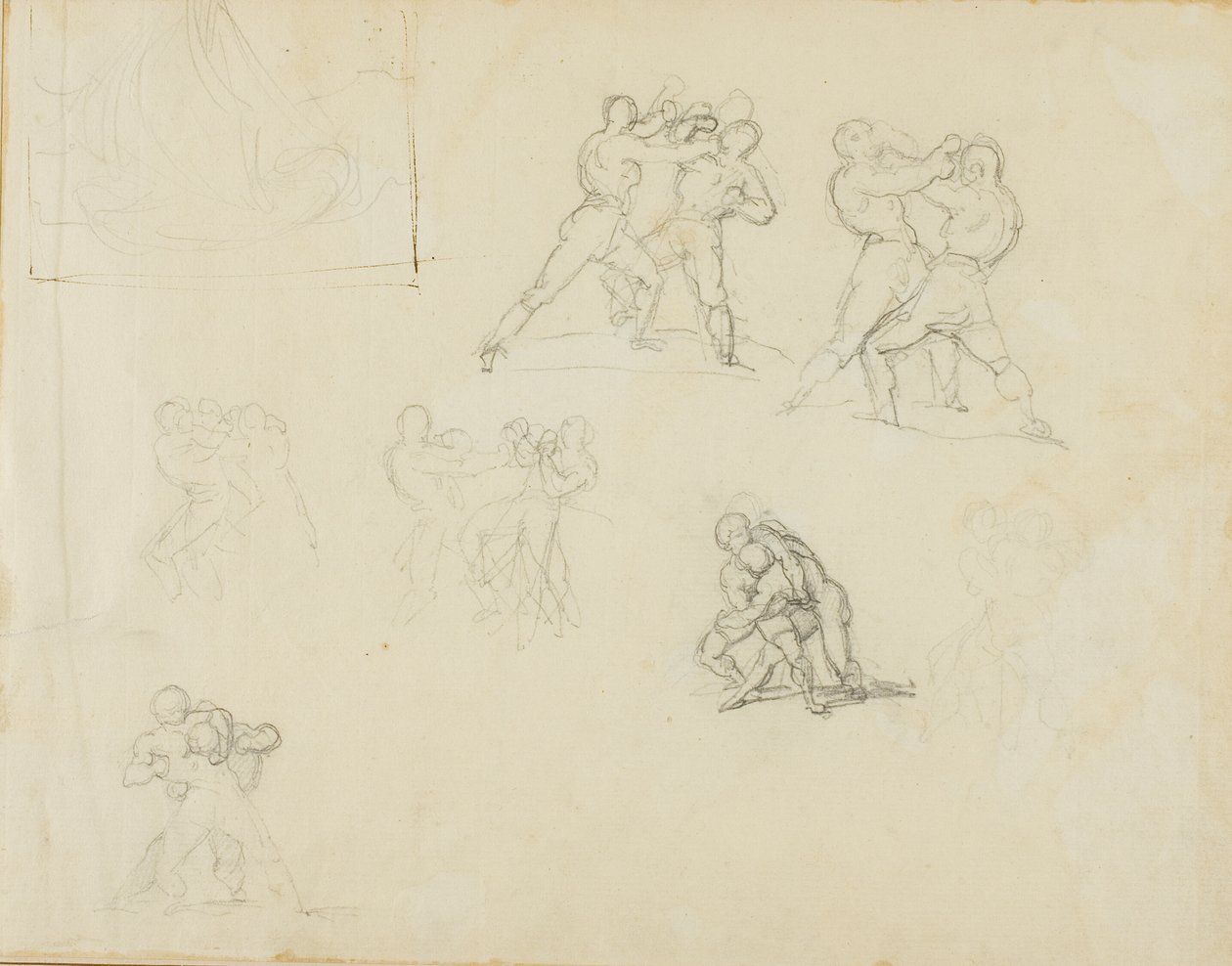 Sedm skic dvojic boxerů nebo zápasníků od Jean Louis André Théodore Géricault
