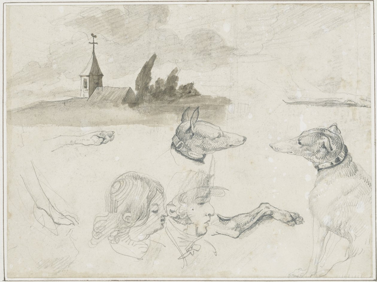 List s náčrtky: Greyhounds; Mužská a ženská hlava v od Jean Louis André Théodore Géricault
