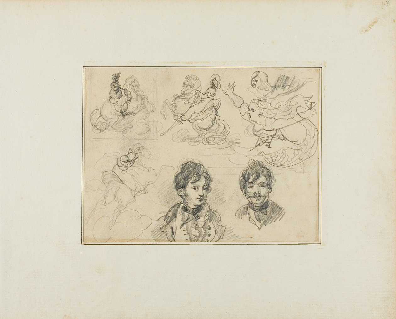 List s náčrtky: Jezdci, mořské panny a dva portréty mladých mužů od Jean Louis André Théodore Géricault