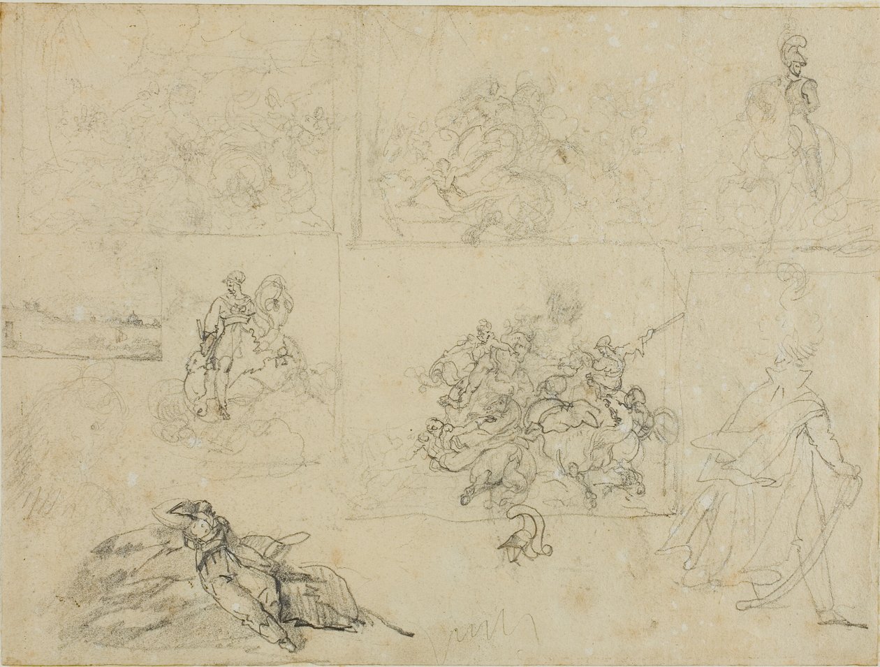 Náčrtky jezdecké bitvy, vojáků a krajiny od Jean Louis André Théodore Géricault