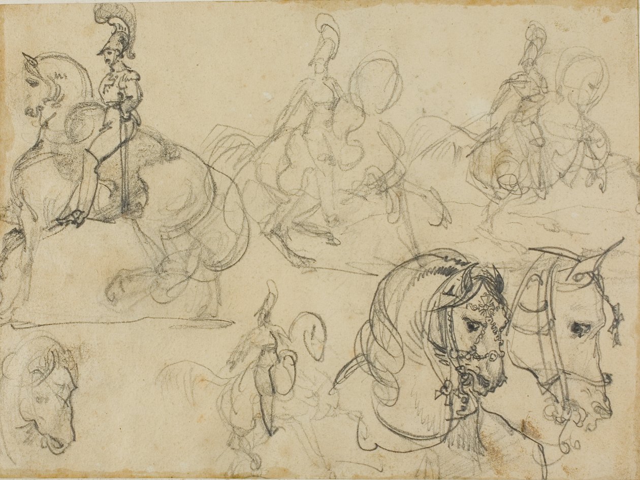 Náčrty jízdních karabiníků a hlav koní od Jean Louis André Théodore Géricault