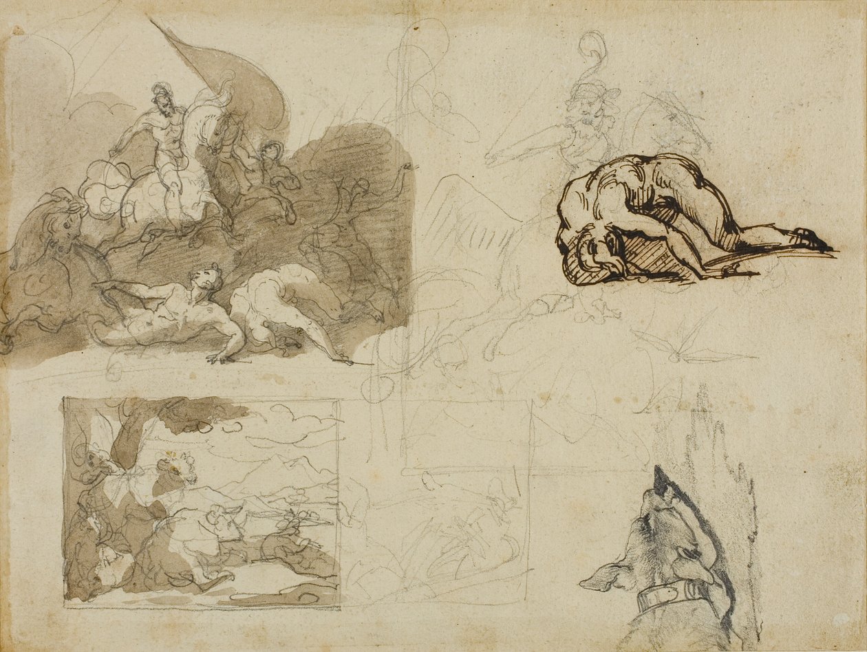 Náčrtky jezdecké bitvy, krajina s krávami a další kompozice od Jean Louis André Théodore Géricault