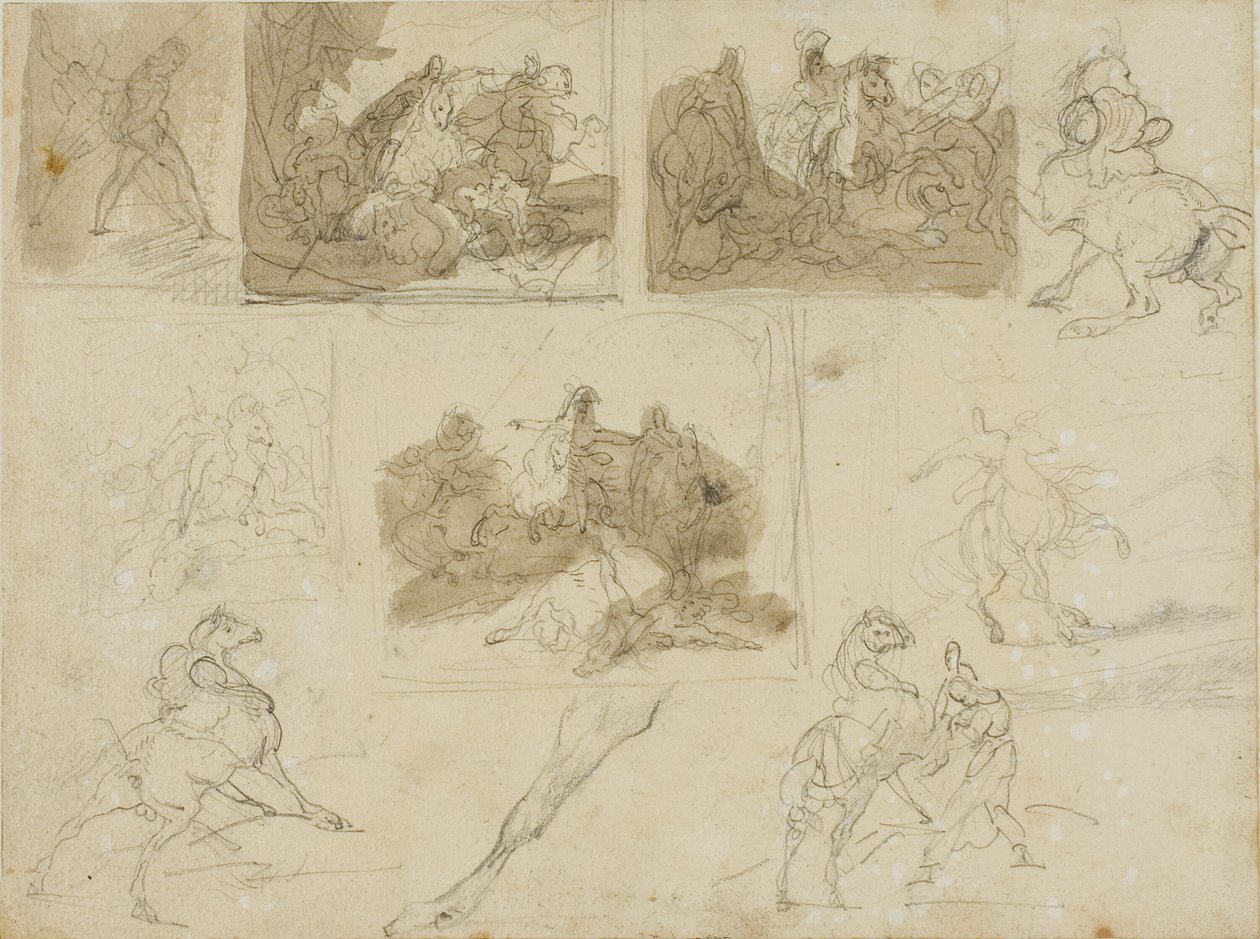 Náčrtky jezdecké bitvy a studie tažného koně od Jean Louis André Théodore Géricault