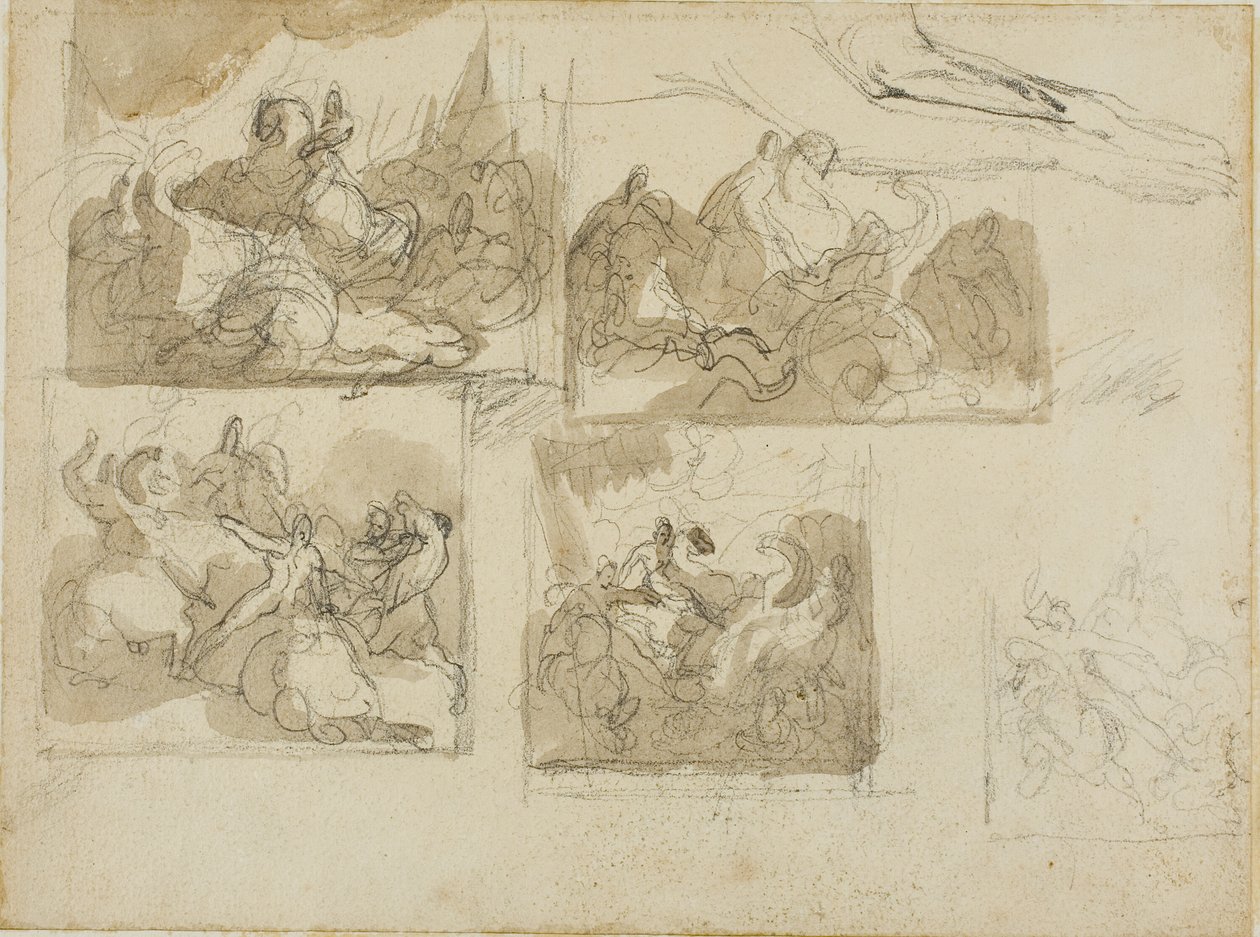 Náčrtky kavalírské bitvy a psí přední tlapky od Jean Louis André Théodore Géricault