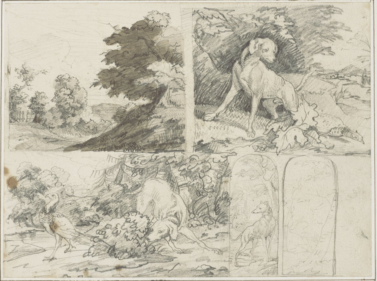 Skici zalesněného místa, psi a bažanti v krajině od Jean Louis André Théodore Géricault