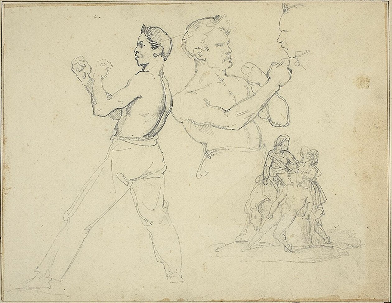 Studie boxerů a skica jezdce v doprovodu dvou postav od Jean Louis André Théodore Géricault