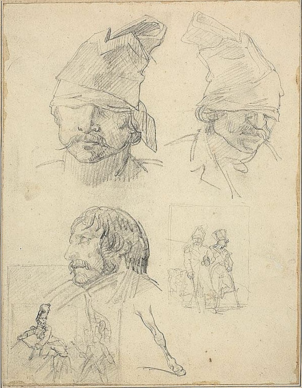 Studie hlav a dvě kompoziční studie od Jean Louis André Théodore Géricault
