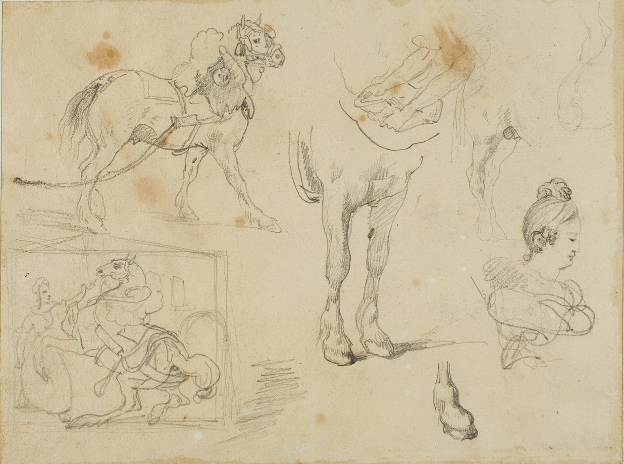 Studie tažného koně, kováře a mladé ženy od Jean Louis André Théodore Géricault