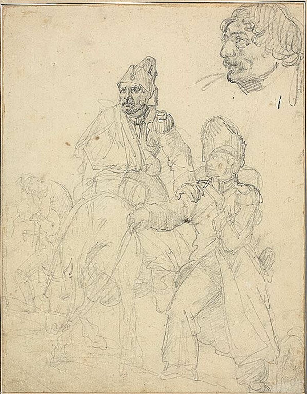 Studie skupiny postav s detailem hlavy granátníka od Jean Louis André Théodore Géricault