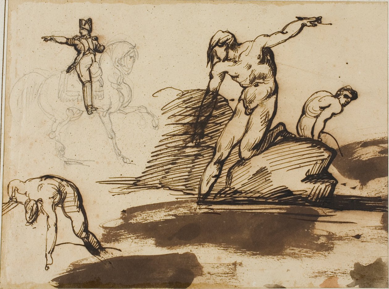 Studie Napoleona na koni se skicami aktů mezi skalami od Jean Louis André Théodore Géricault