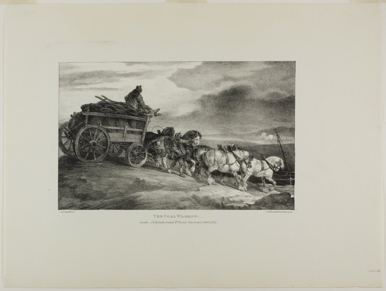 Vůz na uhlí, deska 7 z knihy Různé náměty kreslené ze života a na kameni (The English Suite) od Jean Louis André Théodore Géricault