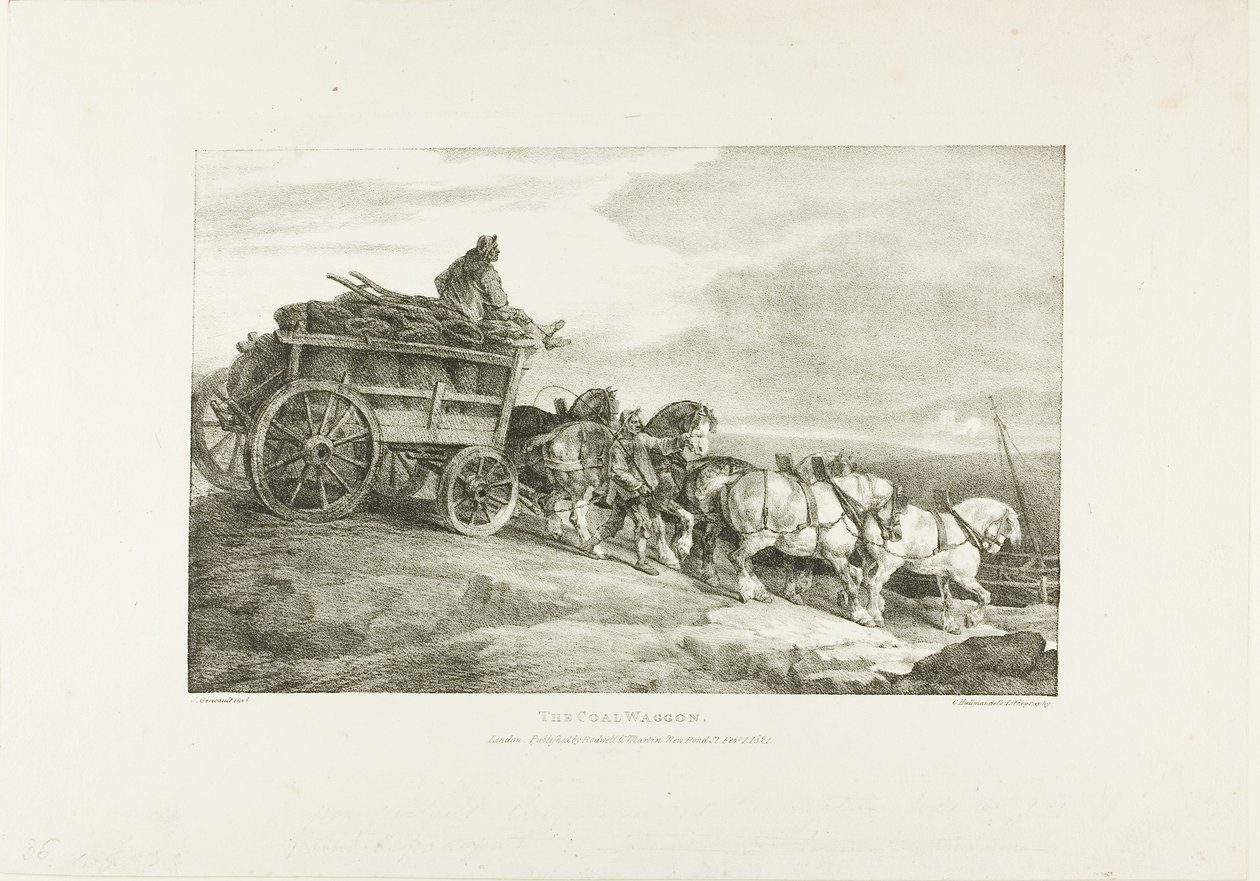 Vůz s uhlím, deska 7 z knihy Různé náměty kreslené ze života na kameni od Jean Louis André Théodore Géricault