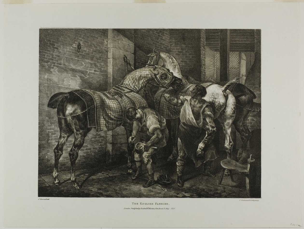 The English Farrier, deska 10 z knihy Různé náměty kreslené ze života a na kameni (The English Suite) od Jean Louis André Théodore Géricault