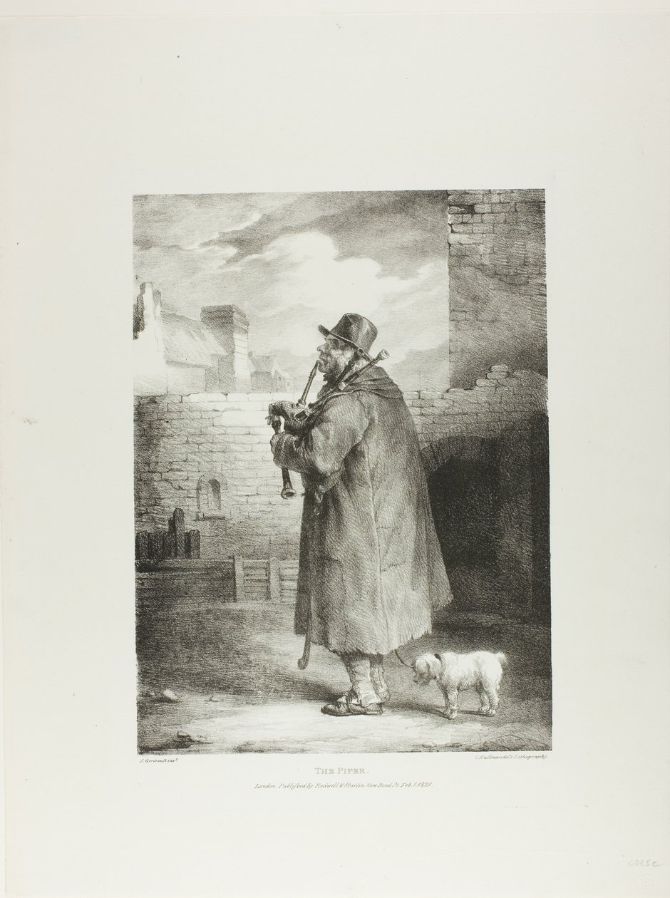 The Piper, deska 1 z knihy Různé náměty kreslené ze života a na kameni (The English Suite) od Jean Louis André Théodore Géricault