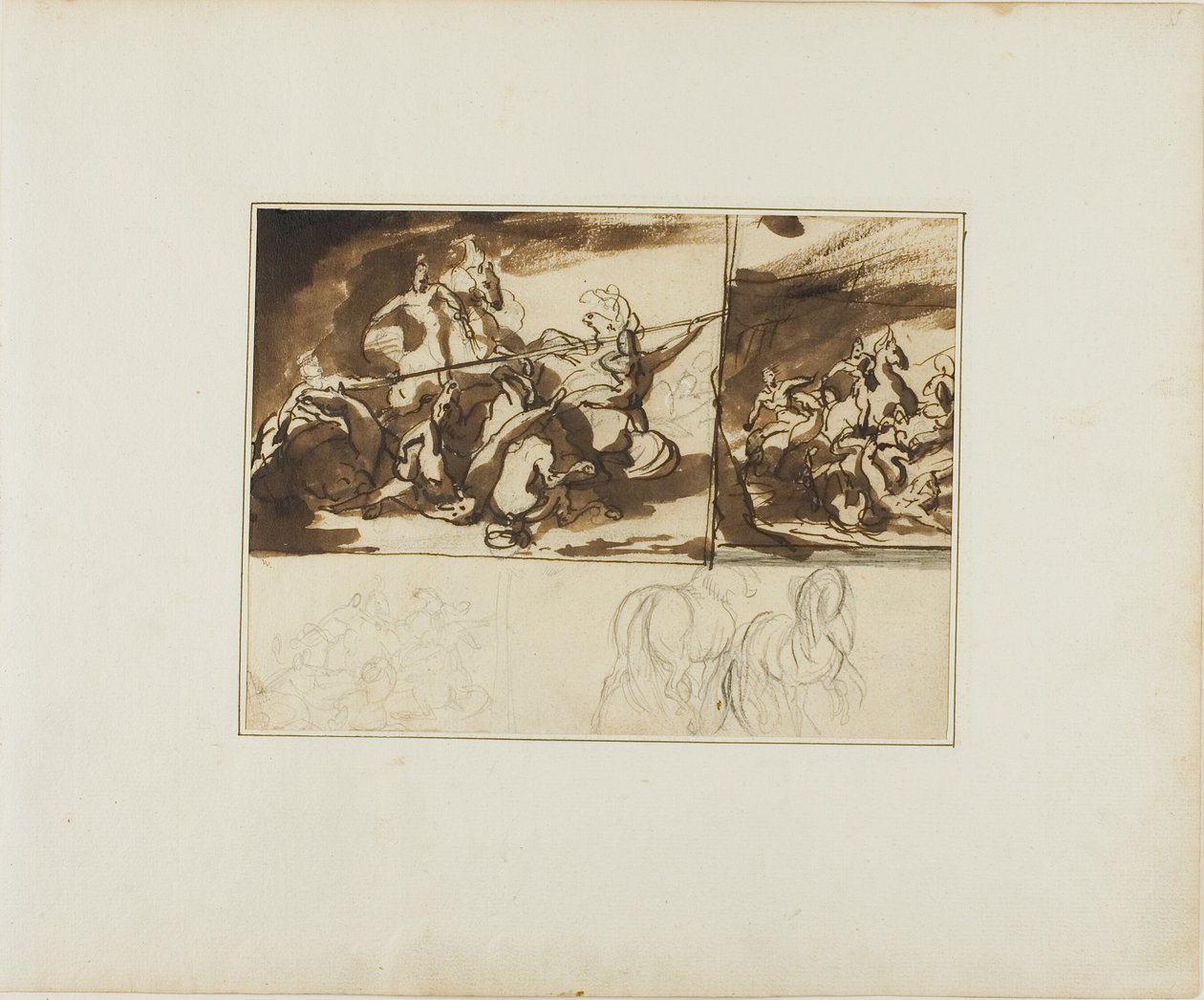 Tři náčrtky jezdecké bitvy a náčrtek dvou jezdeckých bitev od Jean Louis André Théodore Géricault