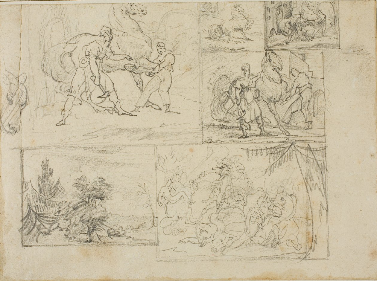 Tři studie s náčrtky zalesněné krajiny a jezdecké bitvy od Jean Louis André Théodore Géricault