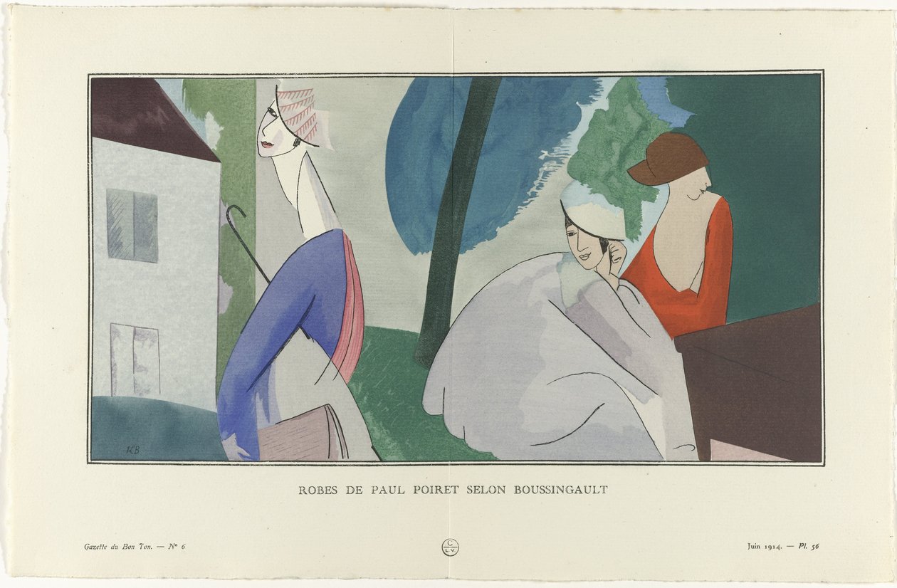 Gazette du Bon Ton, 1914 - No. 6, pl. 56: Robes de Paul Poiret podle Boussingaulta (název na předmětu) od Jean Louis Boussingault