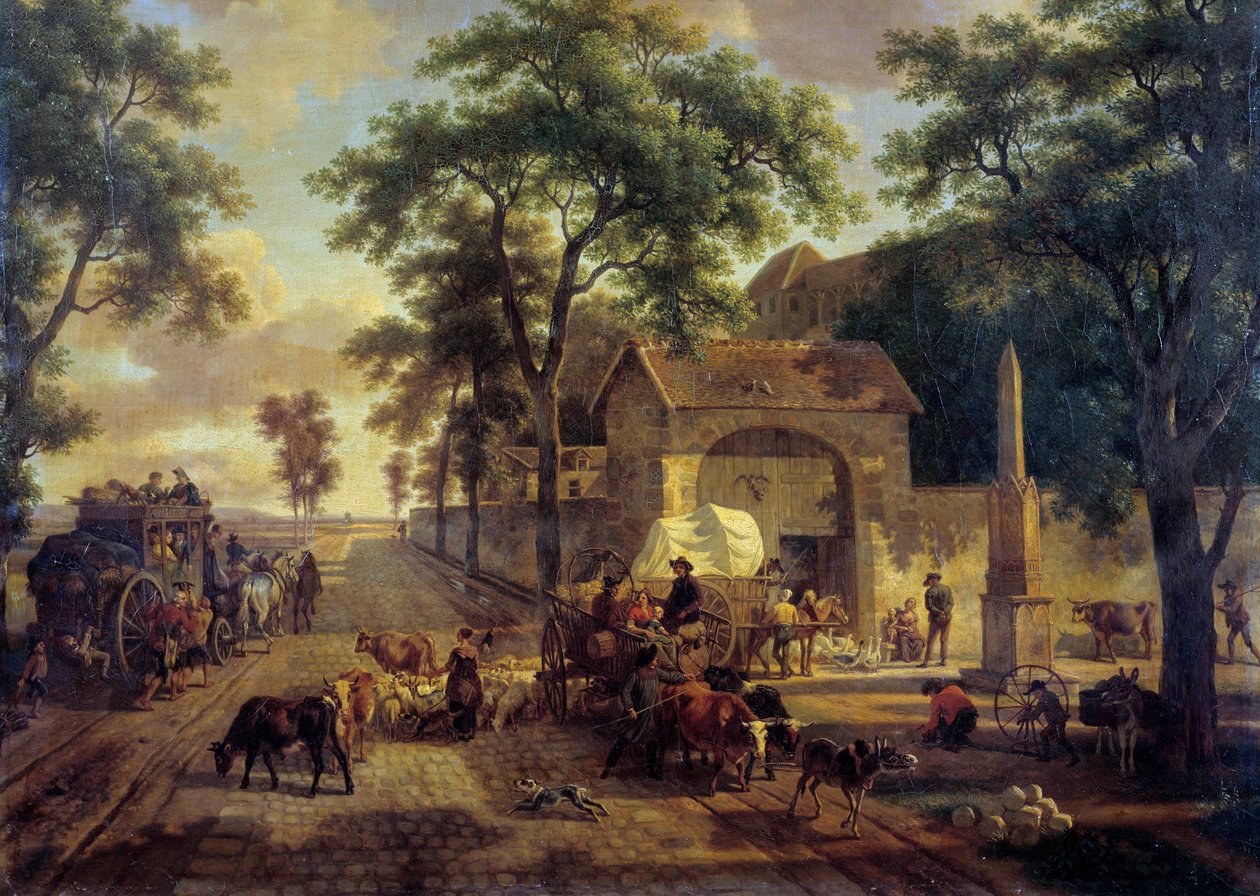 Krajinná cesta s povozem rolníků, stád a pastýřů. Obraz Jean Louis Demarne (1744-1829) 19. stol. Ztlumit. 0,5x0,61m. od Jean Louis Demarne