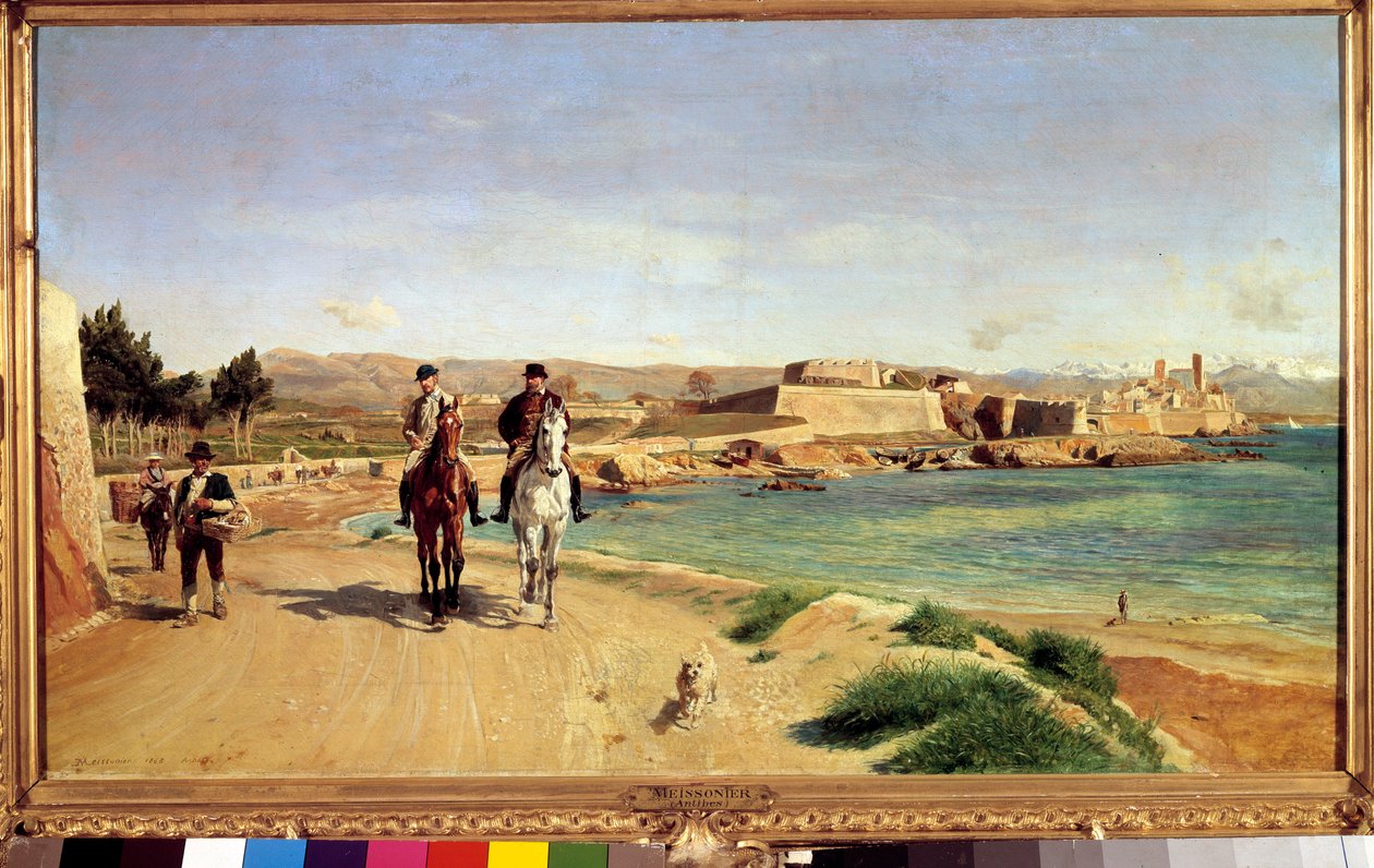 Antibes, jízda na koni. Umělec a jeho syn Charles (1848-1917), malíř. Obraz Ernesta Meissoniera (1815-1891) od Jean Louis Ernest Meissonier