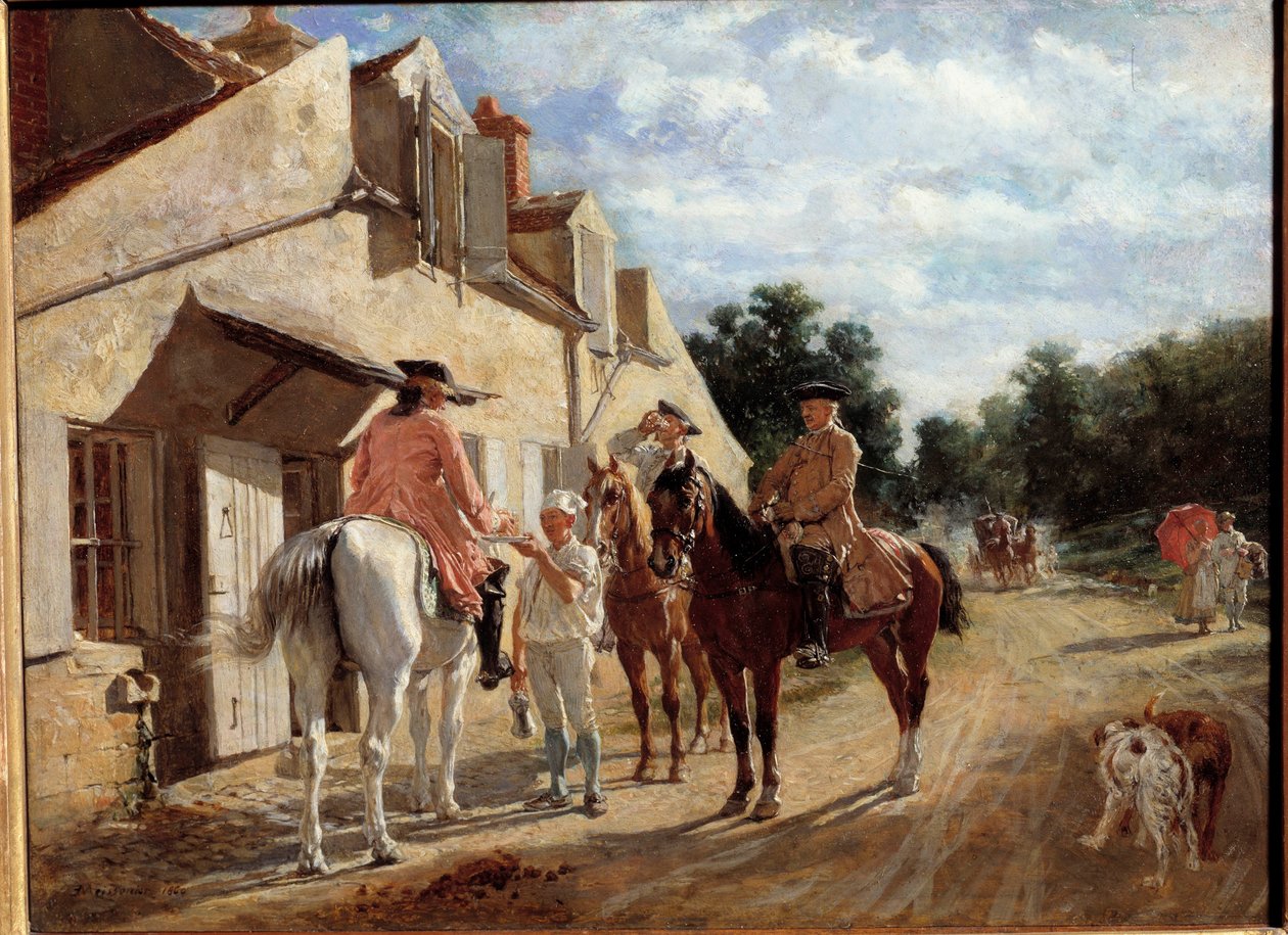 Au Tourne-nevěsta, známá také jako Tournebride en bois de Saint-Germain Jezdci si dávají pauzu ve štafetě v lese Saint Germain en Laye. Obraz Jean-Louis-Ernest Meissonier (1815-1891) 1860. Ne 0,17x0,23 m Paříž, musee d