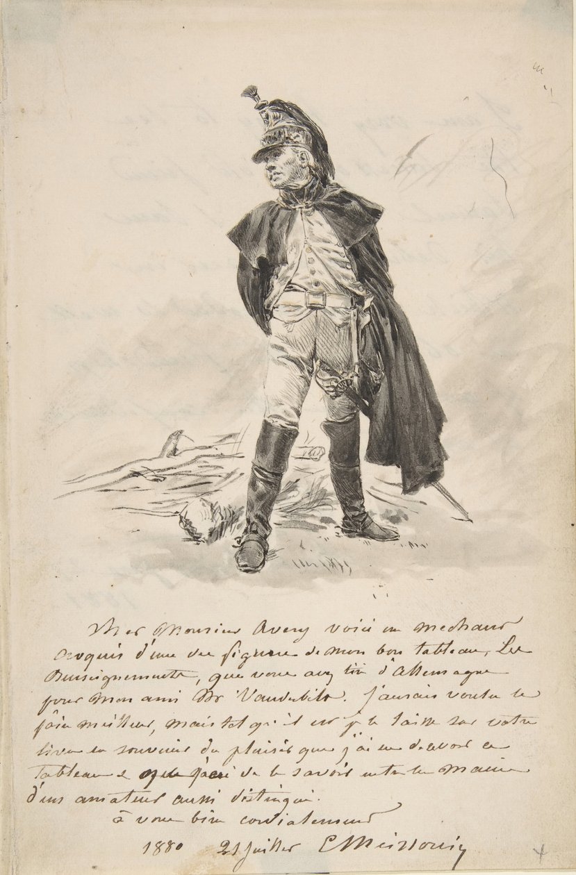 Dopis Samuelu P. Averymu s kresbou vojenské postavy, 1880. od Jean Louis Ernest Meissonier