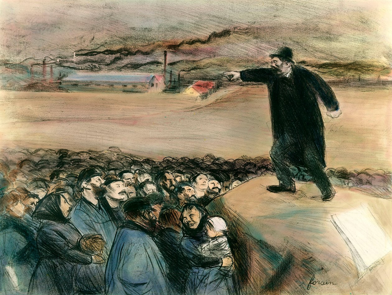 Agitátor před dělníky Vůdce dělnického hnutí, který se v projevu domáhá práv dělníků. Jean-Louis Forain (1852-1931) 20. století. Soukromá sbírka od Jean Louis Forain