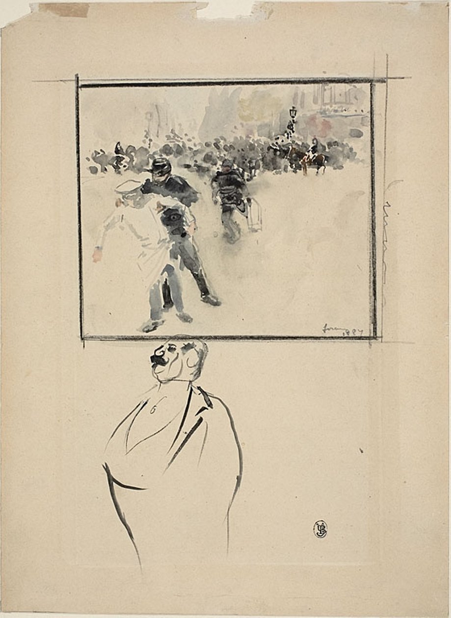 Náčrty zarámované scény nepokojů a muže (recto); Žena s čepicí (verze) od Jean Louis Forain