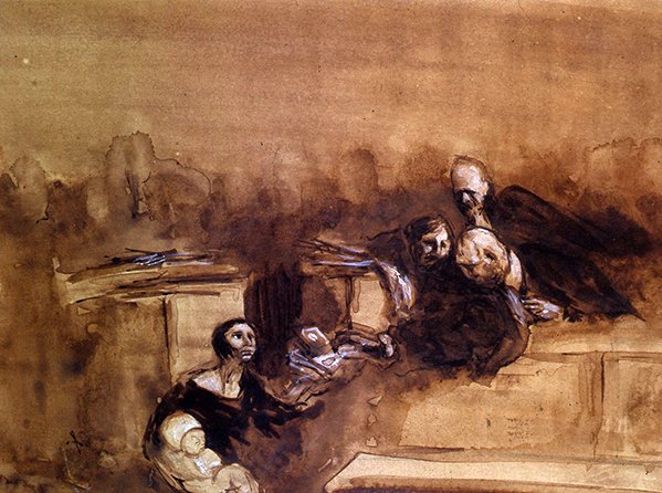 The Hopeless Lawsuit (pero a pero s bílým zvýrazněním na papíře) od Jean Louis Forain
