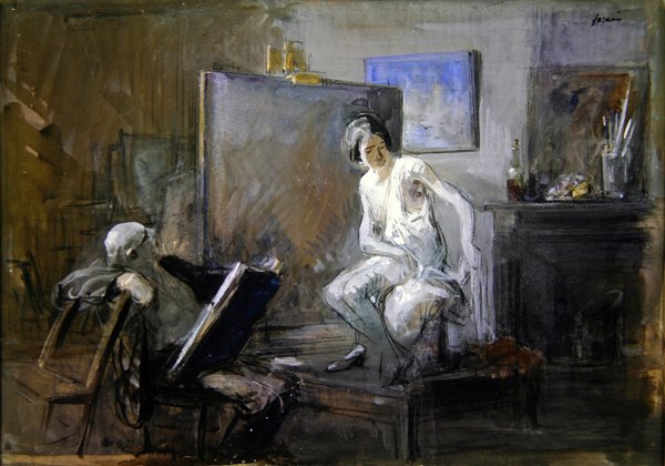 Malíř se svým modelem (křída a kvaš) od Jean Louis Forain