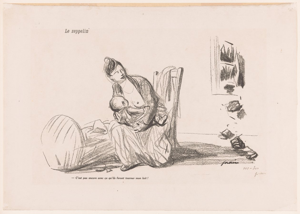 Žena kojí, zatímco okna jsou rozbitá Le Zeppelin (název na objektu) od Jean Louis Forain