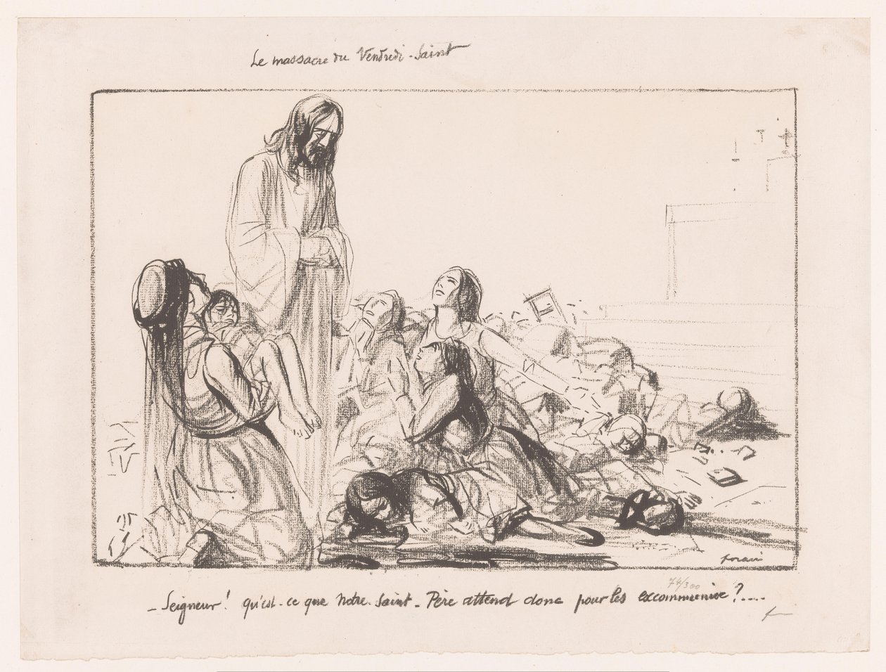 Ženy v bombardovaném kostele odsuzují Krista Le Massacre du Vendredi-Saint (název na objektu) od Jean Louis Forain