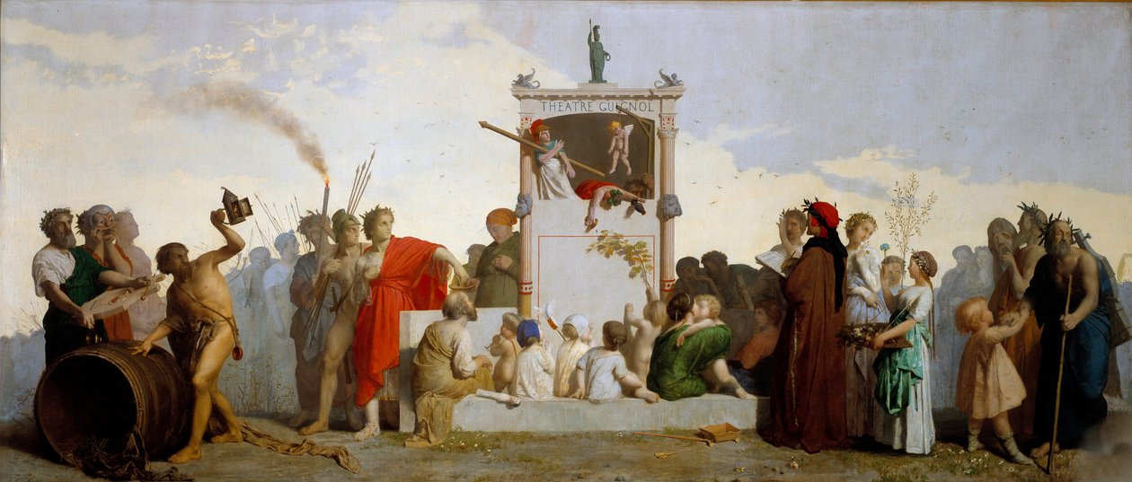 Mezi diváky nechybí Dante Alighieri, Diogenes Cynik, Sokrates a Homér. Obraz Jean Louis Hamon (1821-1874) od Jean Louis Hamon
