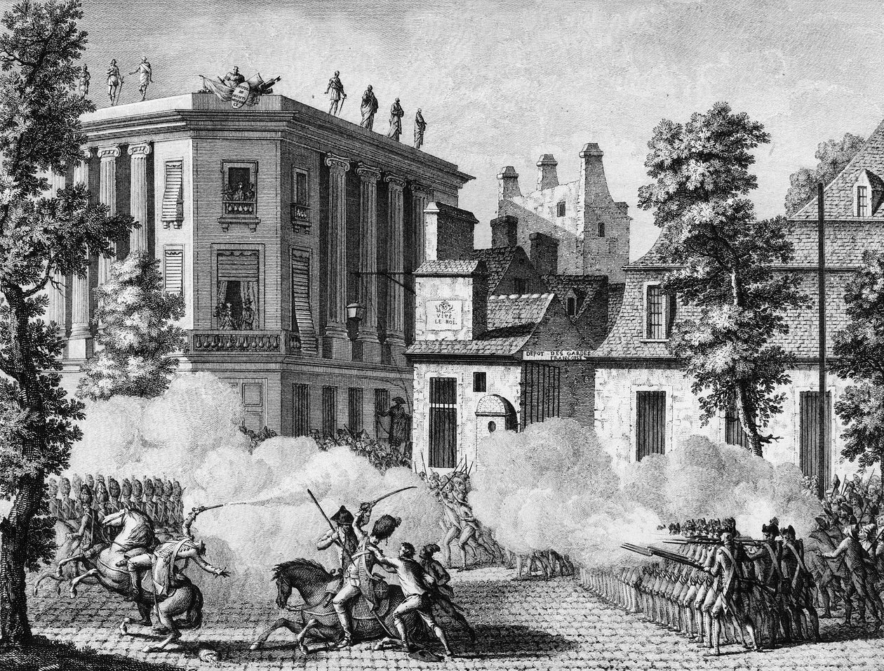 Francouzská revoluce: Akce mezi německou královskou a francouzskou gardou před skladištěm francouzských gard 12. července od Jean Louis II (after) Prieur