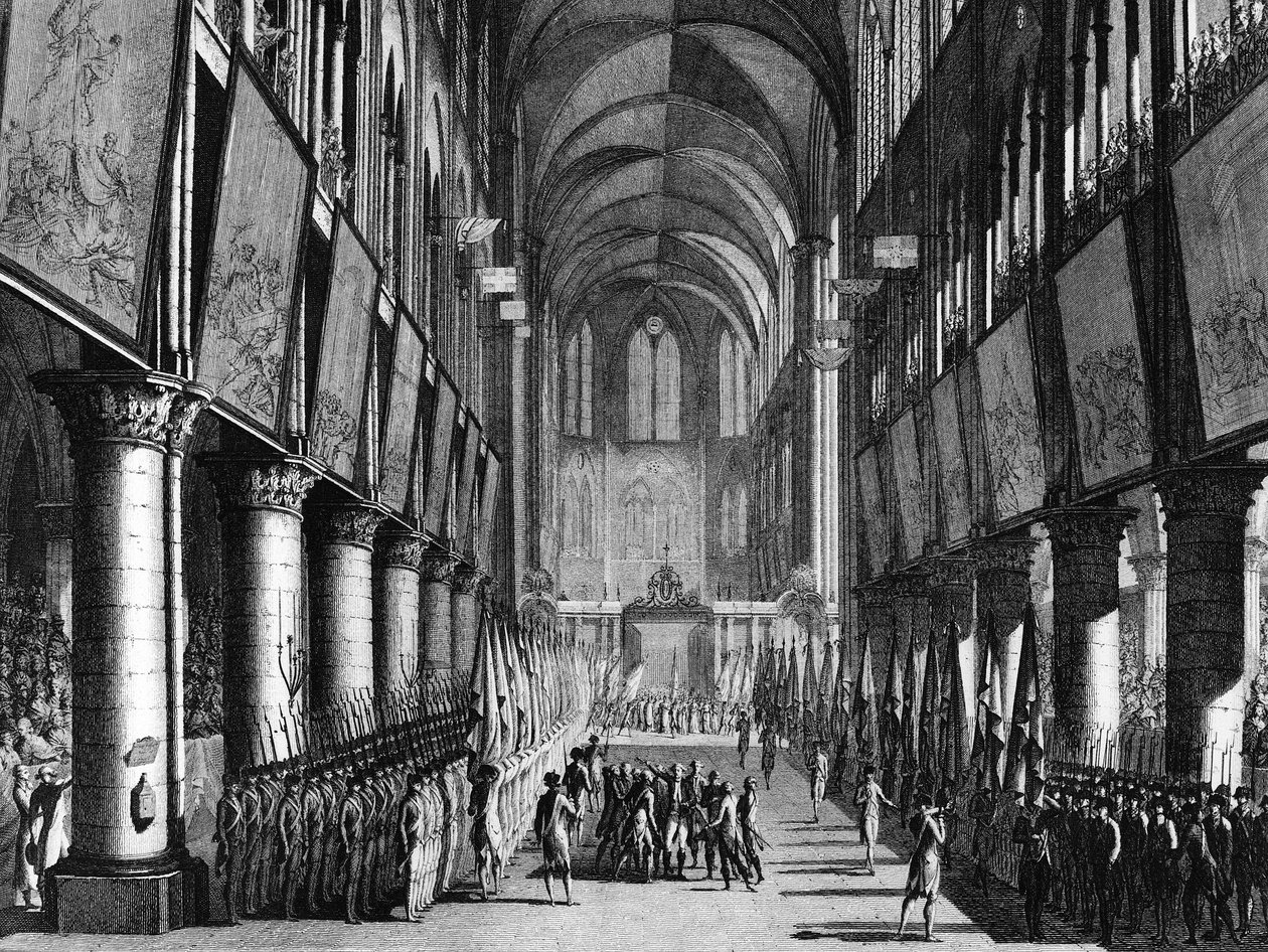 Francouzská revoluce: Požehnání vlajek Národní gardy Monsignorem Juignem v kostele Notre Dame 27. září od Jean Louis II (after) Prieur
