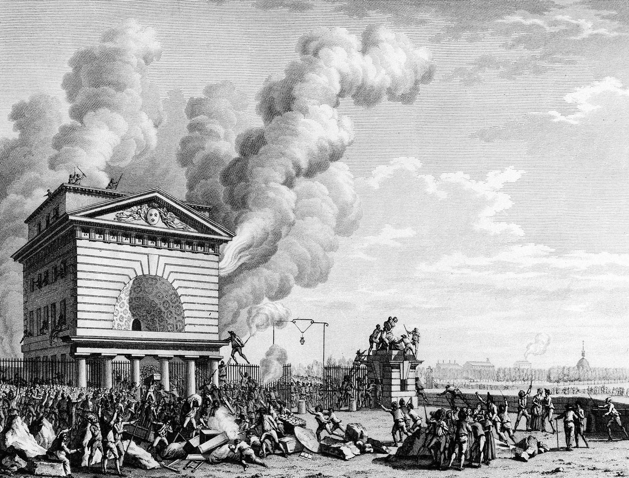 Francouzská revoluce: Požár bariéry konference v Paříži dne 12. července 1789. Rytina Berthaut po Priorovi. Paříž, Bibliotheque of the Institute d