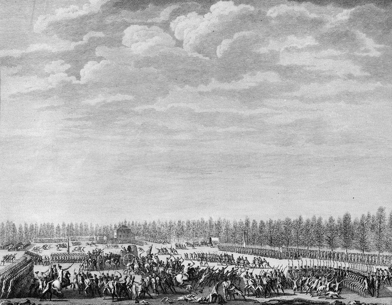 Francouzská revoluce: Gilbert du Motier, markýz de la Fayette (1757-1834) nechal 12. ledna 1790 na Champs Elysees v Paříži odzbrojit dvě stě vojáků pro nekázeň. Rytina Berthaut po Priorovi. Paříž, Knihovna Historického ústavu R od Jean Louis II (after) Prieur
