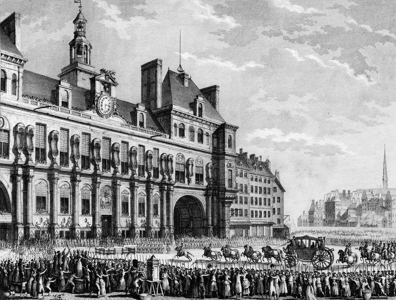 Francouzská revoluce: Král Ludvík XVI. (1754-1793) přijíždí na radnici v Parsi 17. července od Jean Louis II (after) Prieur