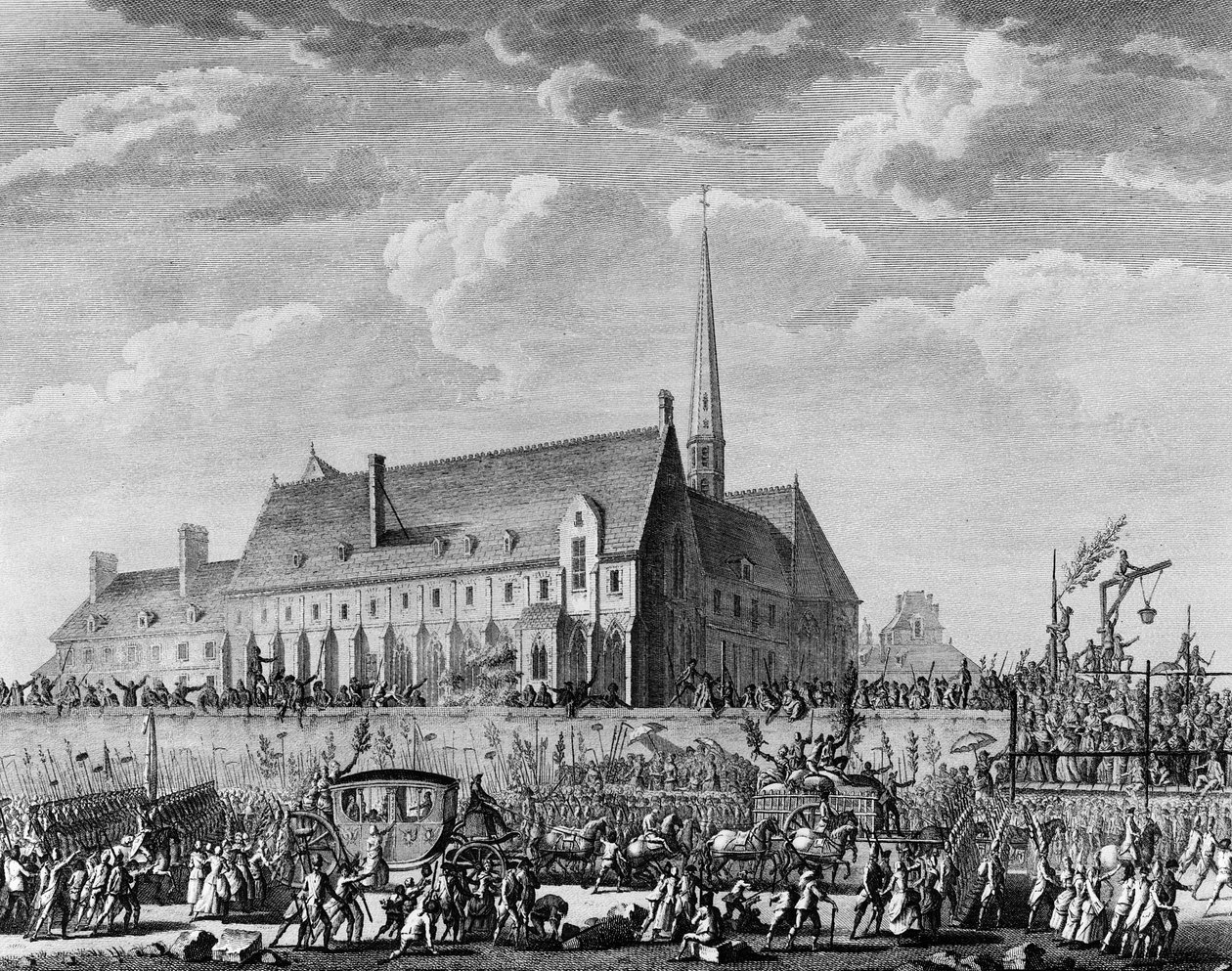 Francouzská revoluce: Král Ludvík XVI. přijíždí se svou rodinou (Marie Antoinetta, delfín Ludvík Karel Francouzský nebo Ludvík XVII a Marie Terezie známá jako „Madame Royale“) do Paříže 6. října od Jean Louis II (after) Prieur