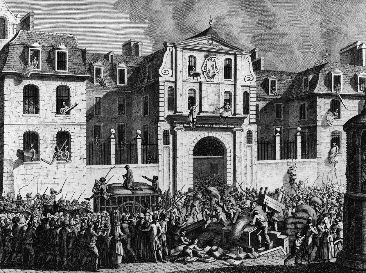 Francouzská revoluce: Vydrancování domu Saint Lazare v Paříži v pondělí 13. července 1789 revolucionáři. Rytina Berthaut po Prior. Paříž, knihovna Ústavu dějin revoluce od Jean Louis II (after) Prieur